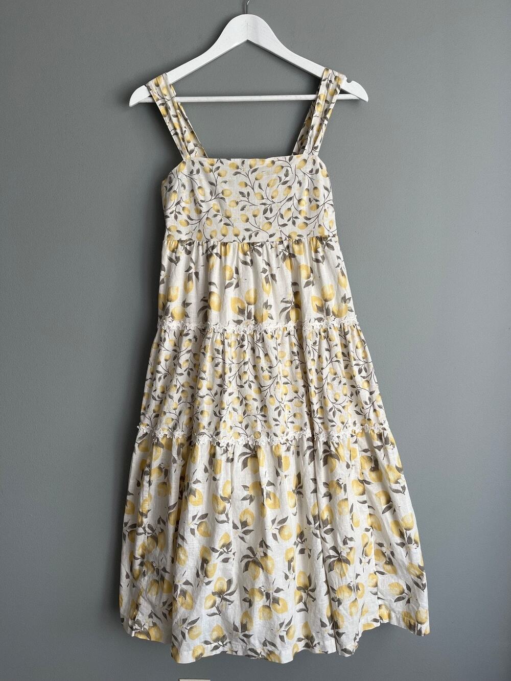 Haute Hippie Lemon Print Tiered Cotton Midi Dress Yellow White Size 4 Cottage